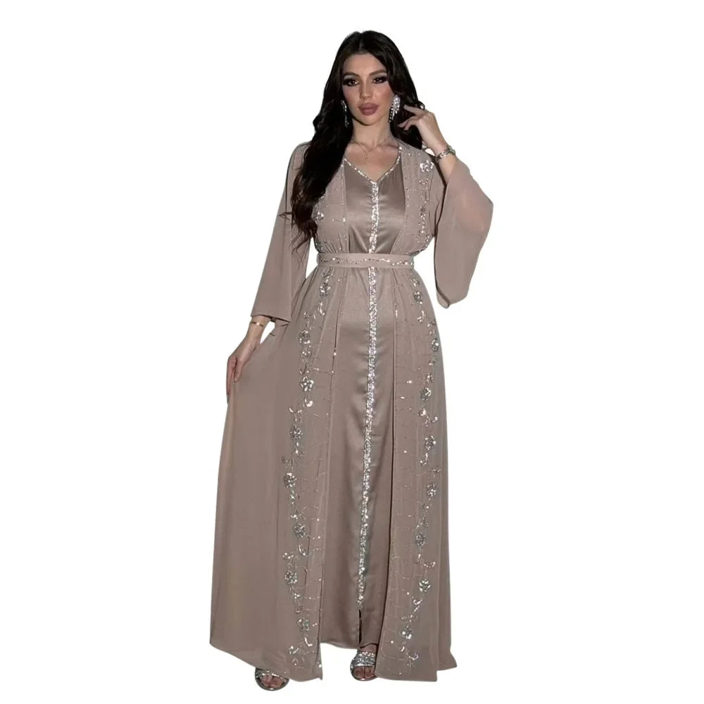 Autumn Fashion Muslim Dresses for Women Muslim Long Sleeve V-neck Party Evening Long Abay Dress Suit Inner and Abaya Outfits.