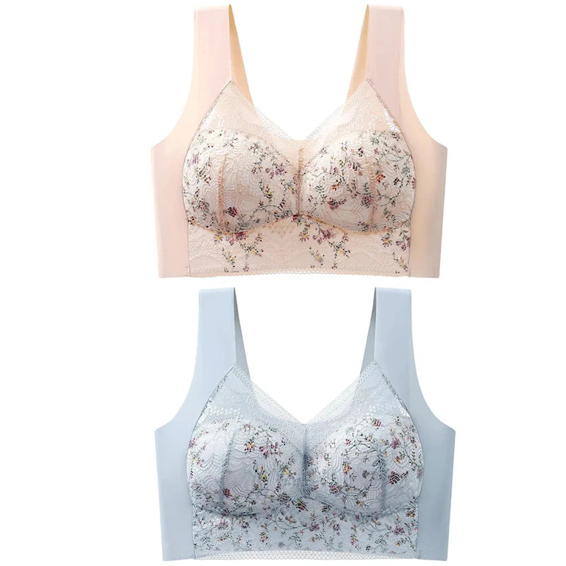 2pcs Womens Seamless Ice Silk Full Cup Bras No Steel Ring Support Lace Bralette Large Size Brassiere Comfort Ventilate Underwear.