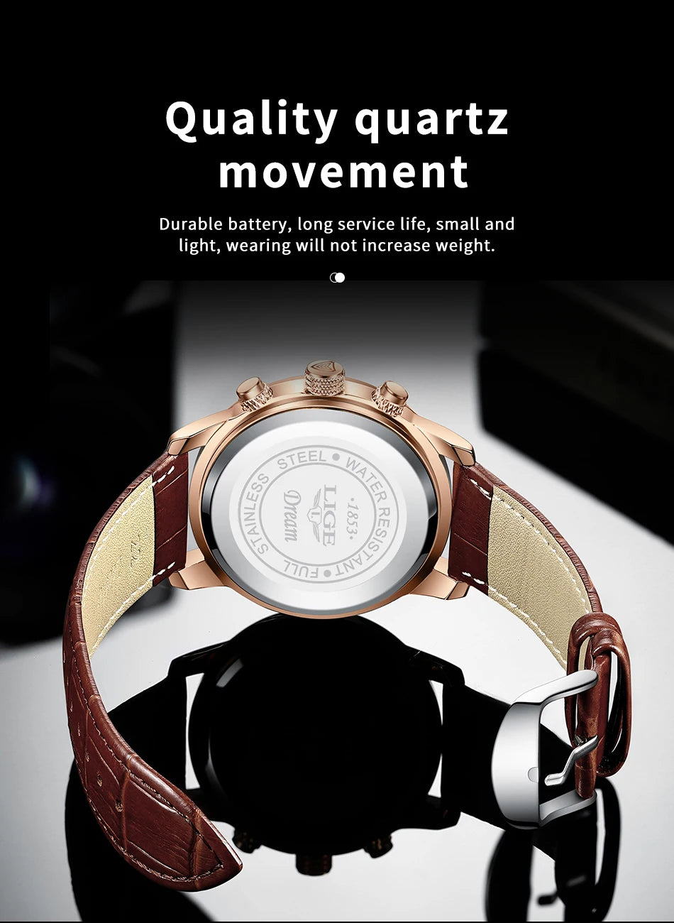 LIGE Luxury Fashion Women Watch Leather Strap Waterproof Casual Sport Quartz Wristwatch 24 hour Moon Phase Clock Watch for Women.