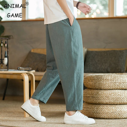 Men's Trousers Cotton Linen Fashion Casual Pants Solid Color Breathable Loose Shorts Straight Drawstring Pants Streetwear Men.