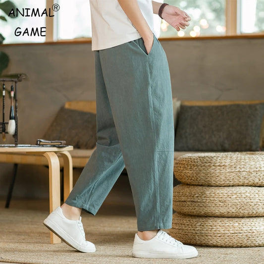 Men's Trousers Cotton Linen Fashion Casual Pants Solid Color Breathable Loose Shorts Straight Drawstring Pants Streetwear Men.