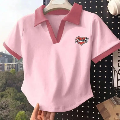 Color Block Polo Neck Short Sleeve T-Shirt Women's Fashion Summer Top plus Size Small Figure Friendly Cotton Blend T-Shirt.