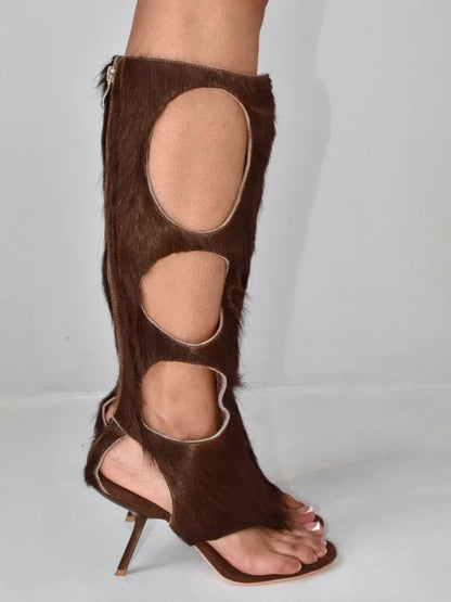 2025 New Luxury Women's Knee-High Boots | Real Horsehair Cut-Out Stiletto Heel & Rear Zipper | Evening Party Club Dress Shoes