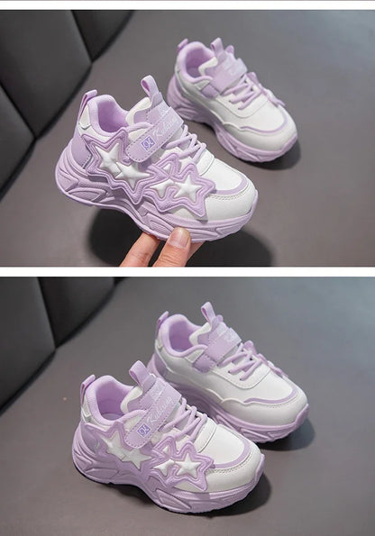 Children Casual Shoes for Girls Fashion Classic with Stars Girls Sports Running Sneakers Breathable PU + Rubber Anti-skid Soft.