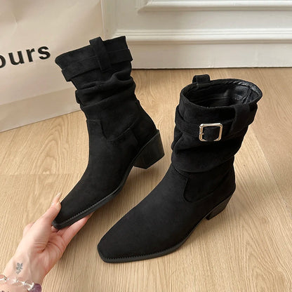 Autumn Winter Suede Pointed Toe Women Ankle Boots Fashion Slip On Thick Heel Shoes Ladies Elegant Slim Short Booties