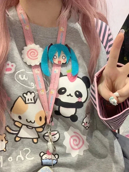 Japan Kawaii Sweet Women T-Shirt O-Neck Stripe Patchwork Long Sleeve Cartoon Print Loose Pullover Casual Cute Top Youth Vitality.