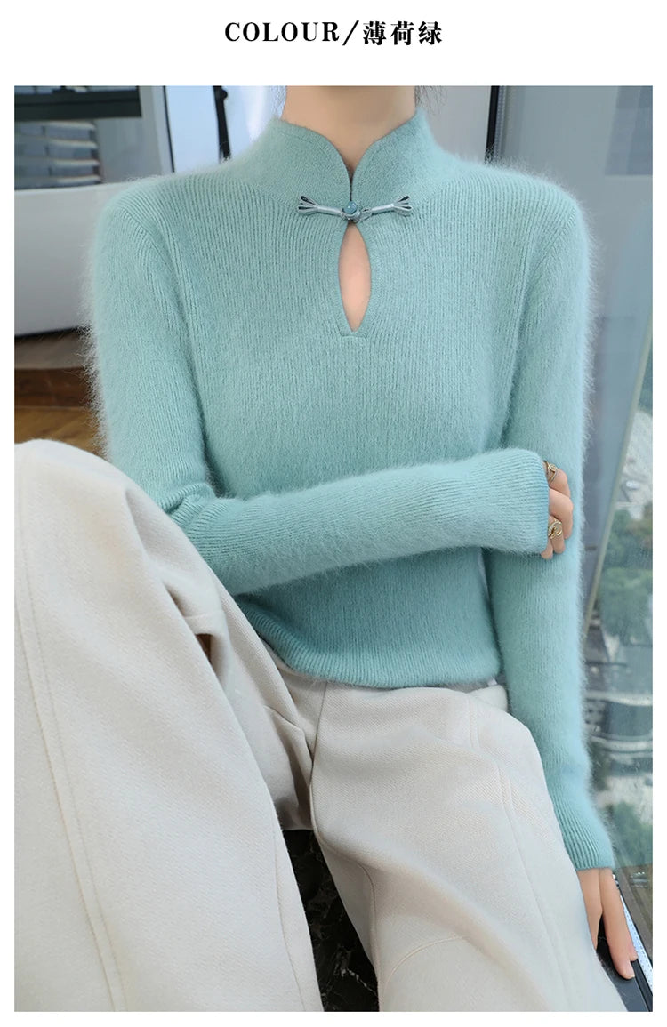 2024 autumn winter new 100% mink cashmere sweater women's pullover slim-fit long sleeve solid color stand collar bottom knitwear