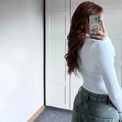 Solid Color High Neck Elegant  Tops For Woman Fashion Chic Pleated Long Sleeves Slim Shirt Spring Autumn Ladies Sexy Blouses.