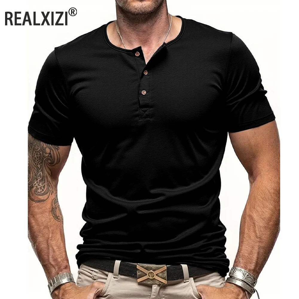 Men's Short Sleeve Henley Neck T-shirt Solid Color Male Tops Slim Fit Button Neck Casual Cozy Tshirt  Streetwear.