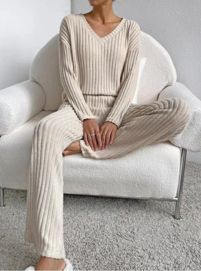 Women's Pajamas Autumn Winter New Casual Straight Pants Pullover Sleepwear Loose V Neck Knitted Home Wear Two Piece Loungewear.
