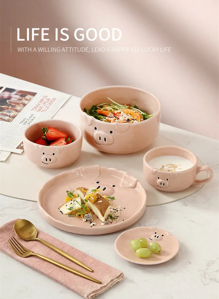 European Creative Cute Pink Pig Tableware Dishes Home Ceramic Plate Breakfast Nordic Wind Irregular Matte Plate Kitchen Utensils.
