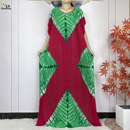 2024 New Muslim Women Dashiki Printed Dress Flower Diamonds Loose Dress With Big Scarf Islamic African Women Short Sleeve Abaya