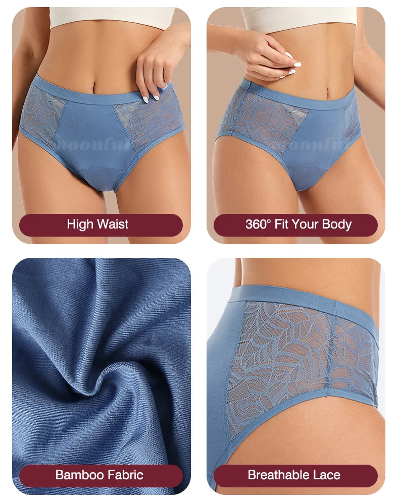 Moonful Women's Menstrual Panties High Waist Leak Proof 4 Layer Breathable Lace Period Underwear Girls Absorbent Brief.