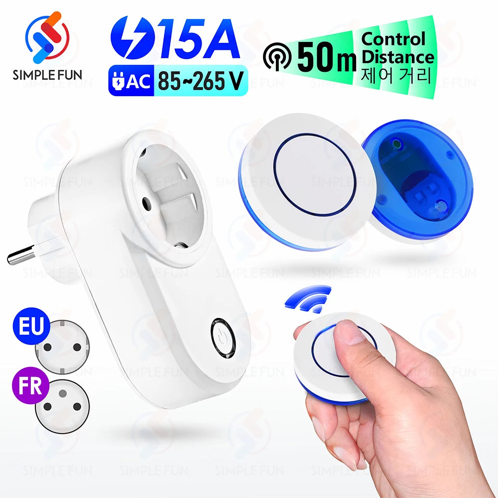 Drahtlose Fernbedienungssteckdose 220 V 110 V EU FR Smart Plug, 50 m Reichweite, Steckdose 15 A für Haushaltsgeräte-Lichtventilator.