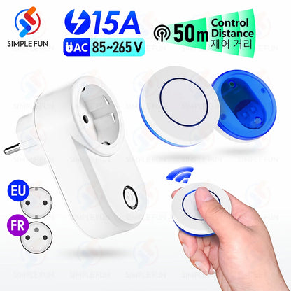 Drahtlose Fernbedienungssteckdose 220 V 110 V EU FR Smart Plug, 50 m Reichweite, Steckdose 15 A für Haushaltsgeräte-Lichtventilator.