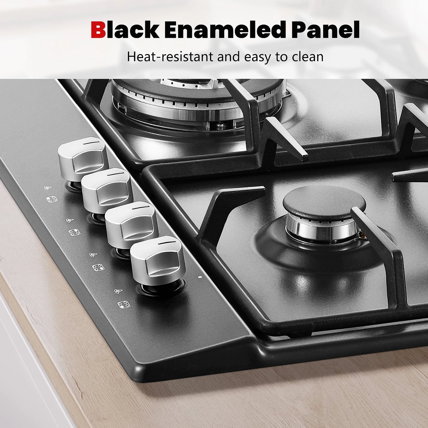 4 Burners Black Enamelled Plate 58 cm Automatic Flame Protection, Natural Gas and Propane Gas, Built-in Gas Hob.