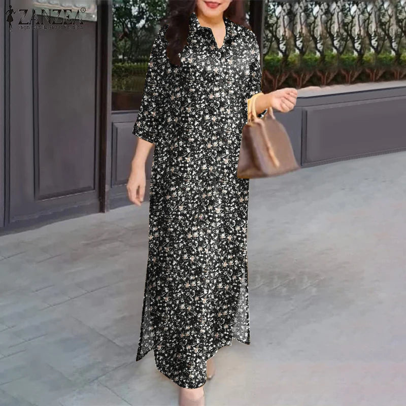 ZANZEA Herbst Sommer Floral Bedruckte Kleider Frauen Maxi Sommerkleid Bohemian Casual 3/4 Hülse Urlaub Vestidos Kaftan Robe Femme.
