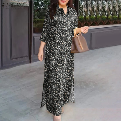 ZANZEA Herbst Sommer Floral Bedruckte Kleider Frauen Maxi Sommerkleid Bohemian Casual 3/4 Hülse Urlaub Vestidos Kaftan Robe Femme.