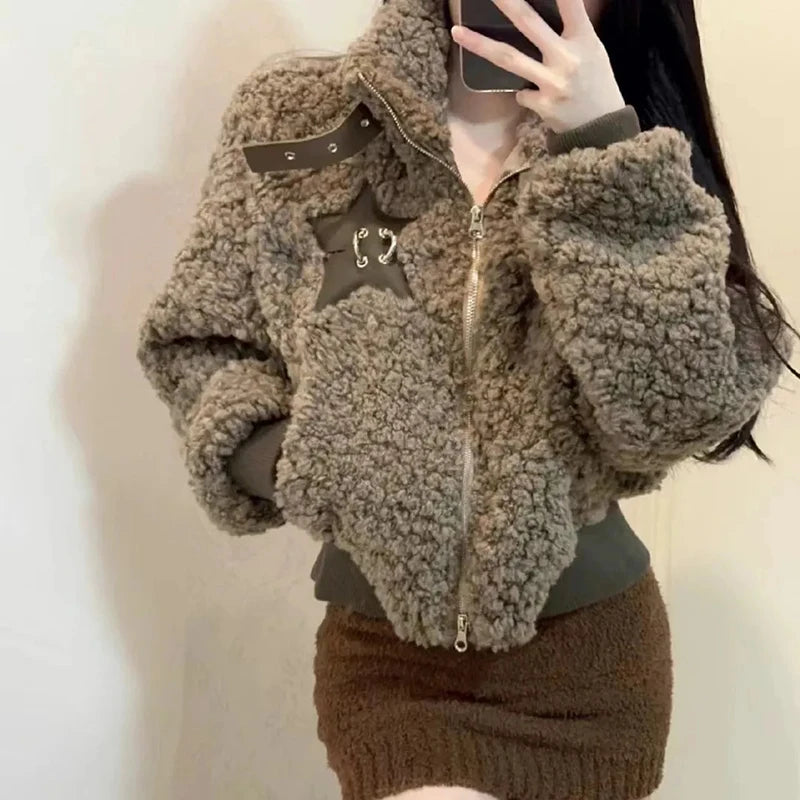 Winter Lamm Wolle Vintage Jacke Frauen Stehen Kragen Faul Wind Casual Zipper Mäntel Langarm 3D Dekoration Lose Geerntete Jacken.