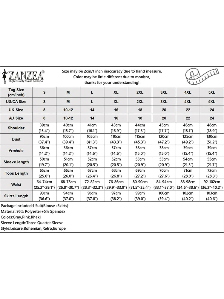 Fashion Muslim Sets Women 2PCS Outfits ZANZEA Elegant Long Sleeve Blouse Dress Suits Casual Solid Tracksuits Loose Matching Sets.