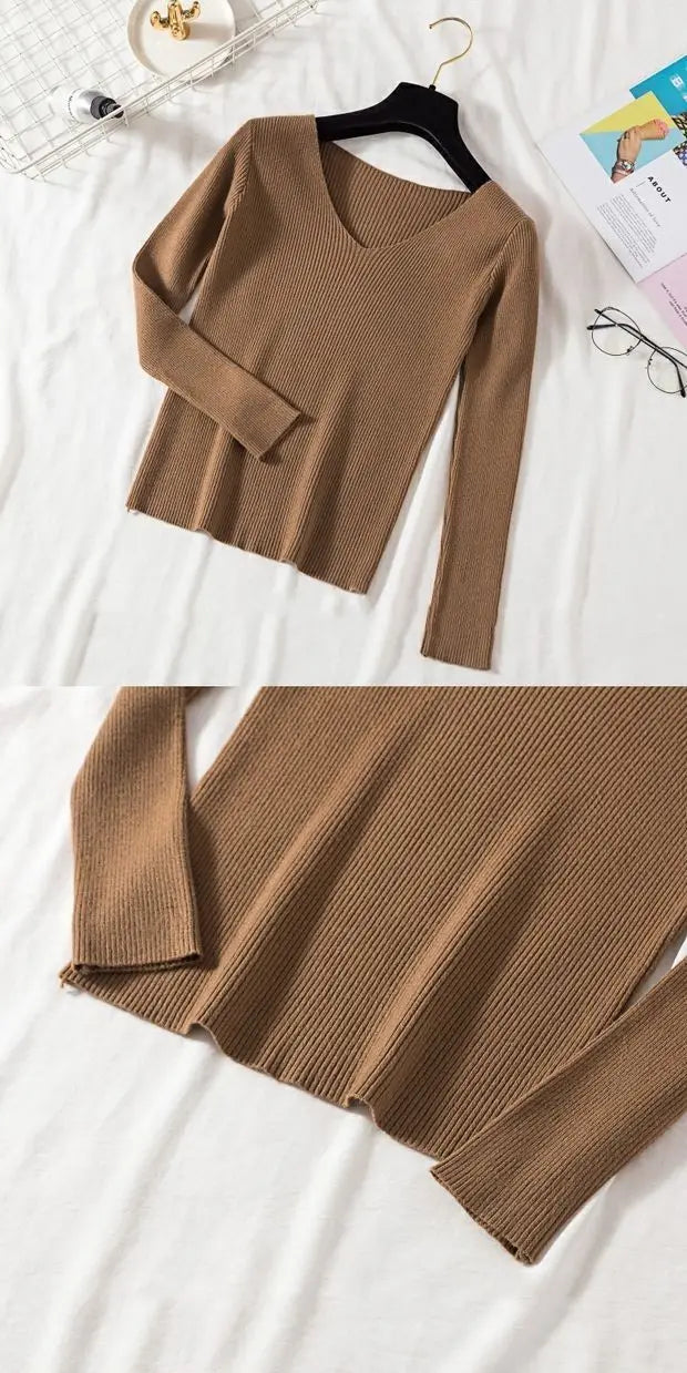 2025 mode V-ausschnitt Elastische Grundlegende Top Neue Frauen Pullover Herbst Winter Langarm Pullover Weibliche Winter Solide Strick Jumper.