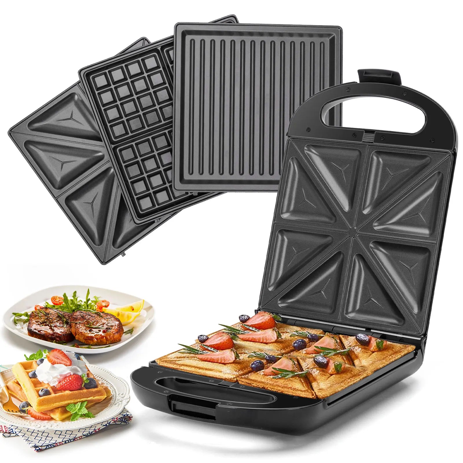 TAYLOR SWODEN 3-in-1 sandwich maker, waffle iron, baking tray, 1200 W, for 4 sandwiches, removable non-stick tray, 180° rotation.