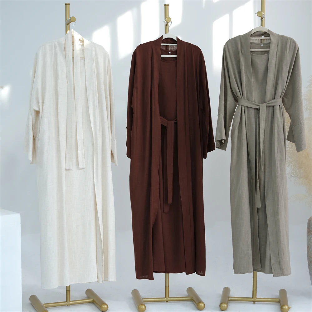 Eid Summer Cotton Linen Kimono Coat Dubai Open Abaya 2024 Muslim for Women Set Retro Kaftan Modest Dresses Islam Clothing Kebaya.