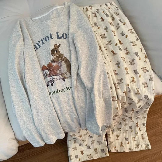 Frühling und Herbst Neue Damen Ins Stil Pyjamas Homewear Set Cartoon Mädchen Lange Ärmeln Lange Hosen Koreanische Pyjamas Homewear set.