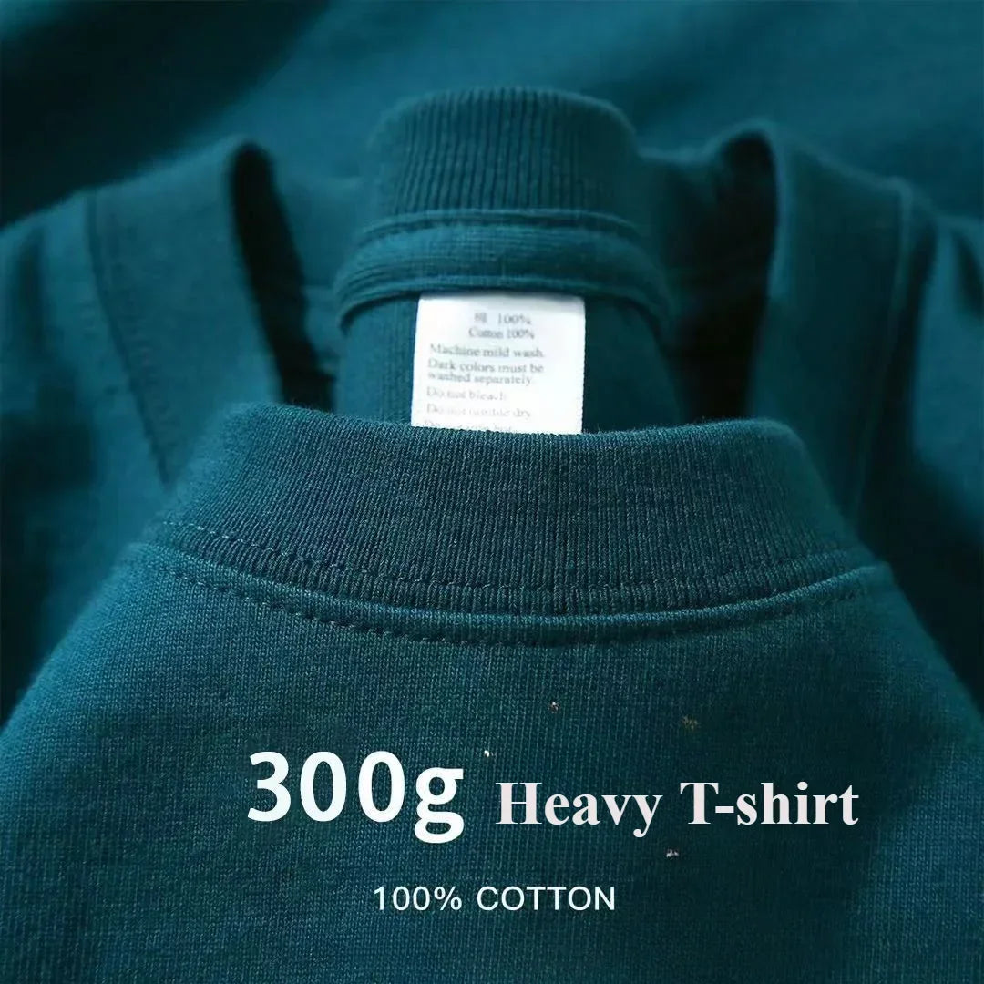 Summer Light Green Heavy Weight 300G Short Sleeved T-shirt Cotton  Men's Loose Casual Base Shirt Korean Tee Women's.