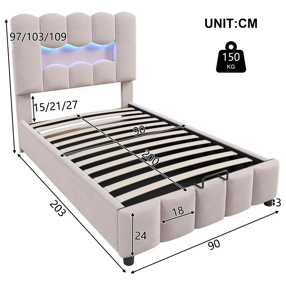 Modernes Polsterbett, 90 x 200 cm, ohne Matratze, LED-Beleuchtung, mit hydraulischem Gerät, verstellbarer Kopfteil, Samt, Grau