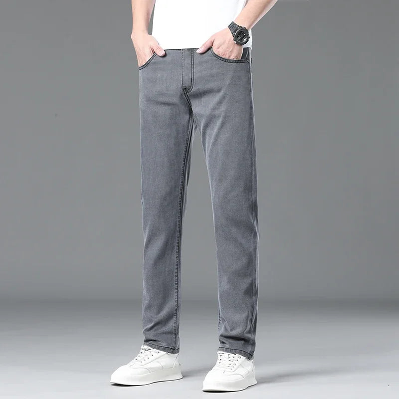 Summer Lyocell Ultra-thin Jeans Men Straight Stretch Breathable Denim Pants Fashion Business Casual Male Trousers Black Gray.