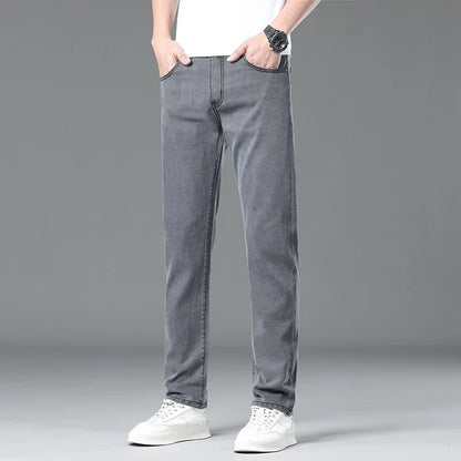 Summer Lyocell Ultra-thin Jeans Men Straight Stretch Breathable Denim Pants Fashion Business Casual Male Trousers Black Gray.