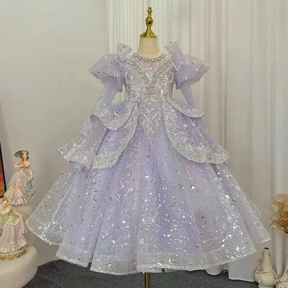 2025, Kinderkleid, Performance-Outfit, Mädchen, Blumenmädchen, Geburtstag, Prinzessinnenkleider, glitzernde Pailletten, bauschiges Kleid, rote Partykleidung für Kinder.