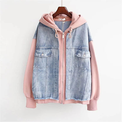 Fake Two-piece Denim Hoodies Coat Women Spring Autumn Trend Cardigan Hoodie Casual Loose Hooded Baseball Jacket Streetwear Woman.