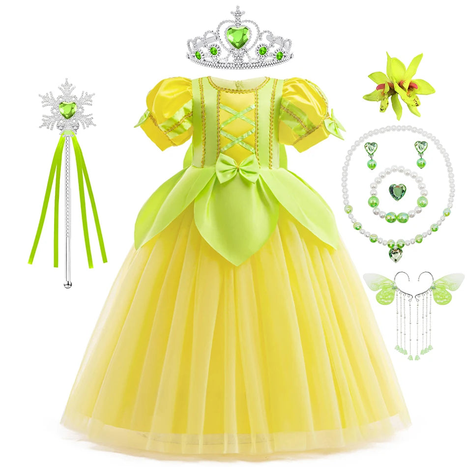 Tiana Fancy Prinzessin Kleid für Mädchen Geburtstag Party Kostüm Kinder Rollenspiel Ballkleid Kinder Karneval Performance Kleidung.