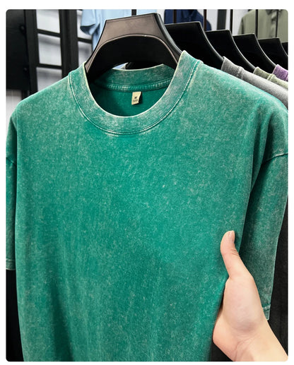 Personality washed vintage short sleeve T-shirt high-end 100% pure cotton men fashion round neck comfort lightweight casual top.