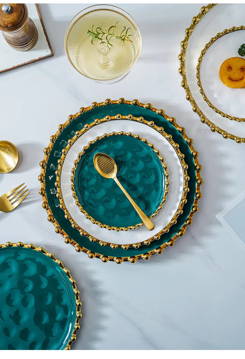 Nordic Ins Style Golden Edge Bead Plate Western Food Steak Plate Home Network Red Dish Creative Tableware Plate Breakfast Salad.