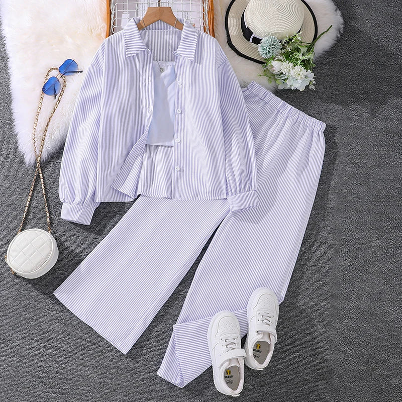 Spring Hot Sale Kids Outfit 4-12 Years Girls Striped Long Sleeve Chemise + Casual Loose Straight Leg Pants Shirt Suit 2Pcs Set.
