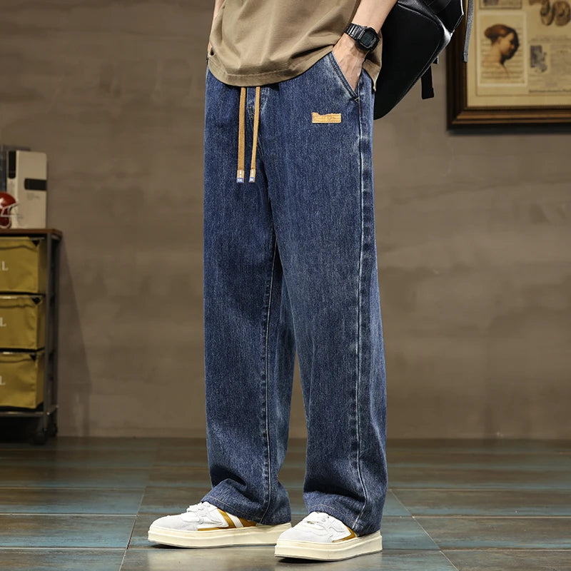 Men Straight Leg Blue Gray Loose Y2K Drawstring Jeans Streetwear Casual Wide Denim Pants Male Baggy Stylish Harajuku Trousers.