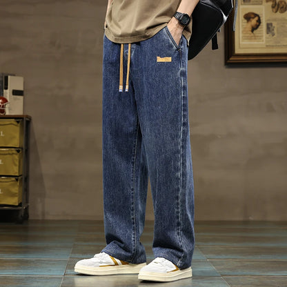 Men Straight Leg Blue Gray Loose Y2K Drawstring Jeans Streetwear Casual Wide Denim Pants Male Baggy Stylish Harajuku Trousers.