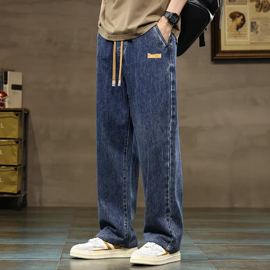 Men Straight Leg Blue Gray Loose Y2K Drawstring Jeans Streetwear Casual Wide Denim Pants Male Baggy Stylish Harajuku Trousers.