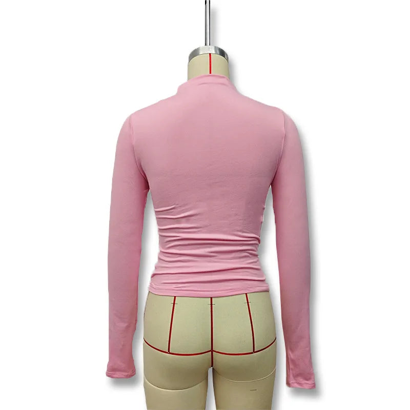 New fashion women's casual slim fit pleated high neck long sleeved solid color top t-shirt