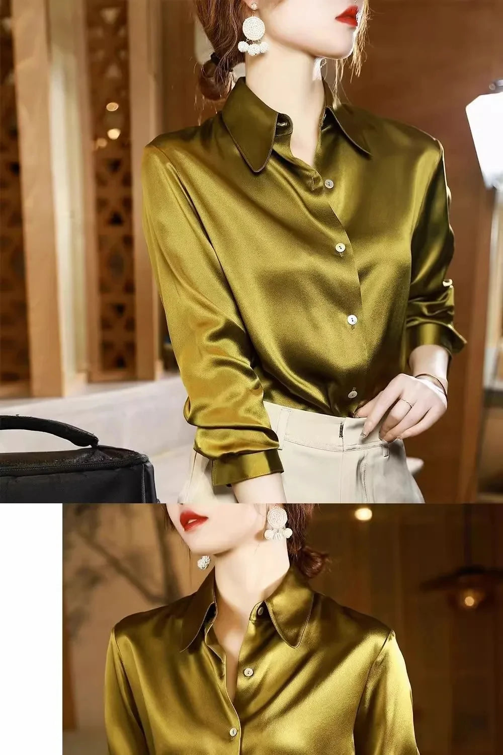 High Quality Silkly Satin Women's Shirt Office Ladies Long Sleeve Blouses Polo Neck Gold shirt Button Luxury Casual women tops.