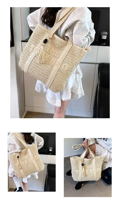 Summer Fashion Women's Large Capacity Shoulder Bag Straw Woven Bag Letter Embroidery Handbag Casual Female Tote Bag Beach Bags.