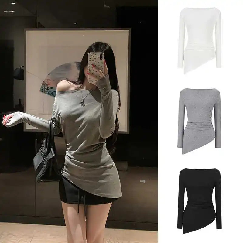 Sexy Long Sleeve T-Shirt Shoulder Bared Waist Cinched Slim Fit Knitted Cotton Solid Color Casual Urban Style for Early Autumn.