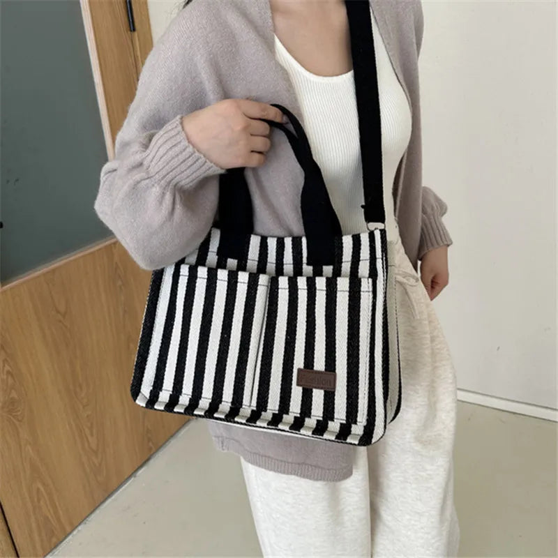 Cool Street Handbag, Large Capacity Women's Shoulder Bag, Trendy Striped Canvas Crossbody Bag, Fashion Travel Shopping Tote Bag.