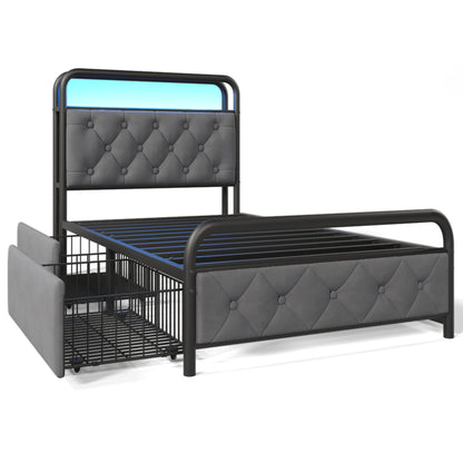 KOMHTOM Einzelbett 90x200 cm Samt - USB Type C Ladefunktion, APP-Control LED, 2 Schubladen, ohne Matratze