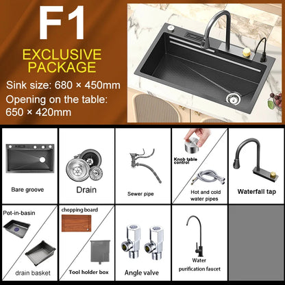 Large Single Slot Embossed Stainless Steel Waterfall Kitchen Sink  Household Wash basin Dishwashing  Sink For Kitchen