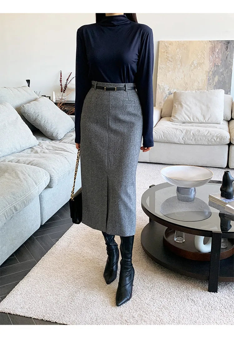 Gray Pencil Skirts Belted Elegant Women Slim Office Ladies Casual A-Line High Waist Split Midi Skirt Autumn Winter.