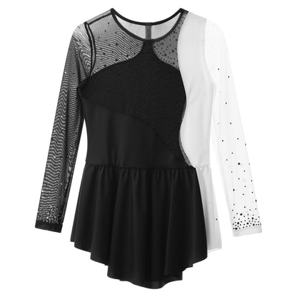 6-16Y Mädchen Eiskunstlauf Tanz Kleid Ballett Gymnastik Trikot Langarm Shiny Strass Sheer Mesh Leistung Dancewear